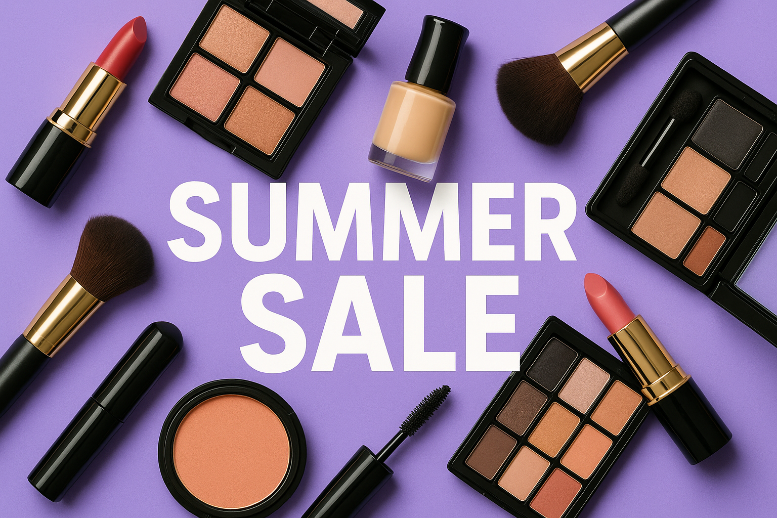 create image banner colour code is #A294E3. and bold text summer sale and some makeup products
